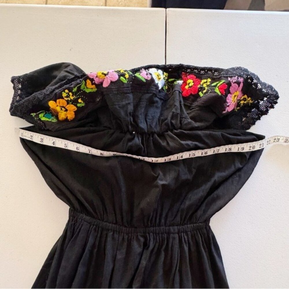 Mexican hand embroidered artesian black floral dress Off Shoulder Cotton Medium - Picture 8 of 12